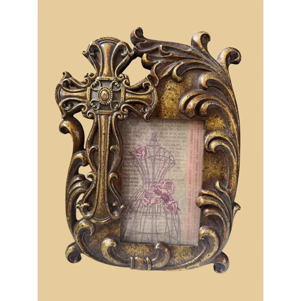 Ornate Cross Picture Frame Gold Bronze Baroque Scrollwork 3.5x5 Photo Decor